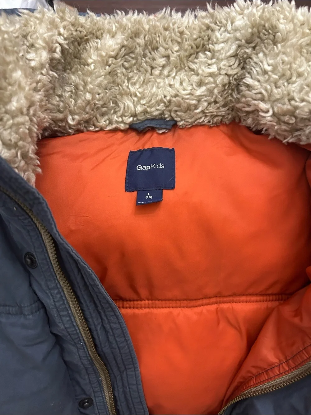 GAP Kids Gray Puffer Vest with Orange Lining and Sherpa Collar